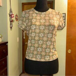 Full Tilt Y2K green and yellow sheer daisy short sleeve cropped top size L